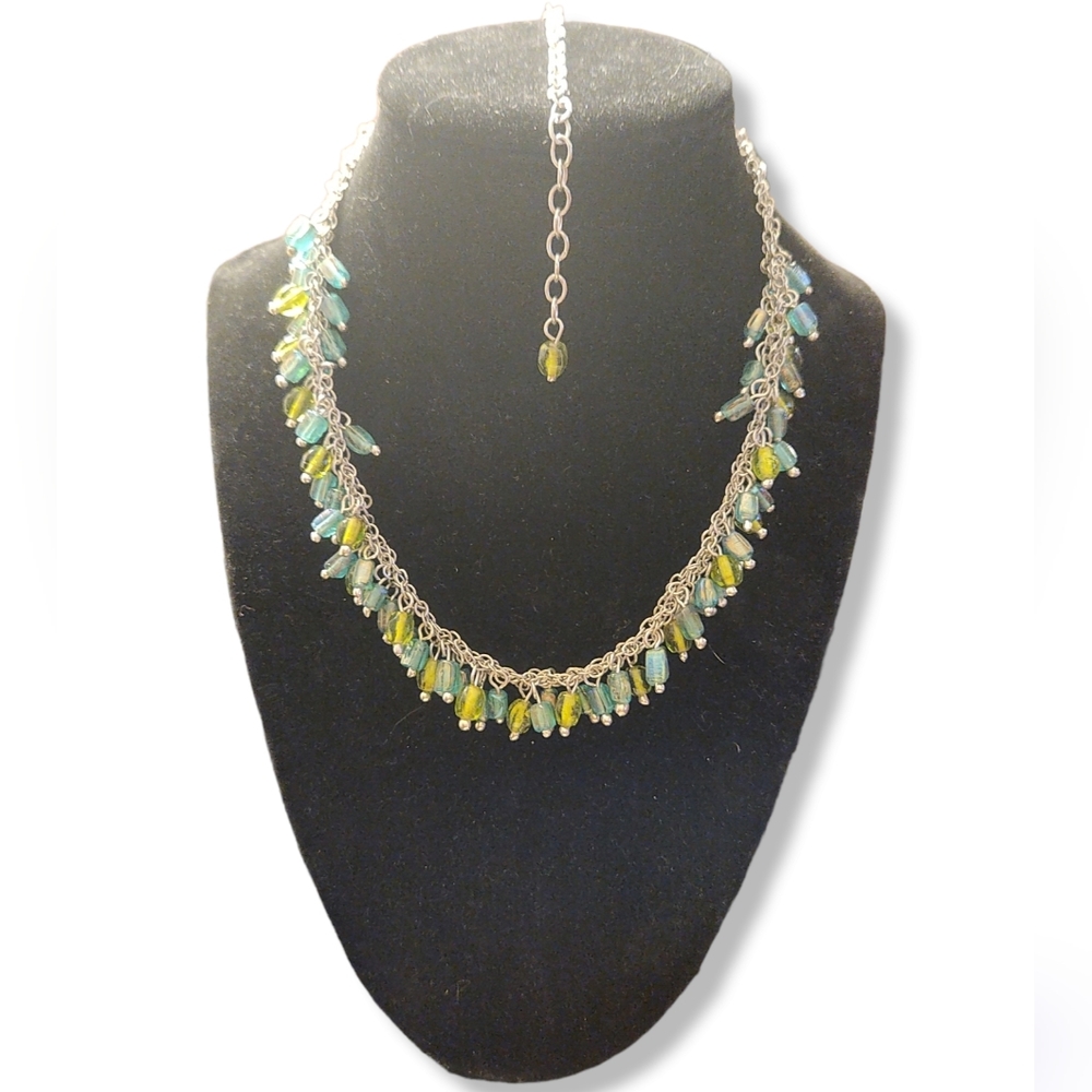 VINTAGE HANDCRAFTED BLUE & GLASS BEAD SILVERTONE 21" CHA-CHA NECKLACE